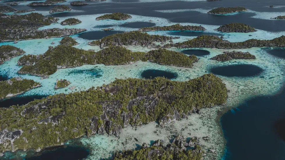 Aerial view of the karst islands and lagoons of Misool, Raja Ampat