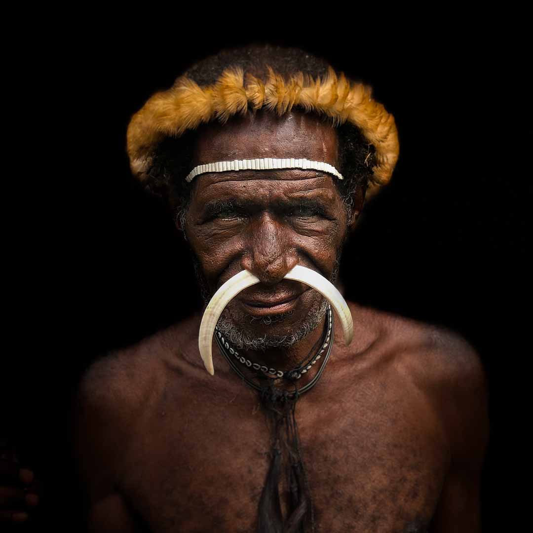 Papuan man with traditional head dress and nose decoration
