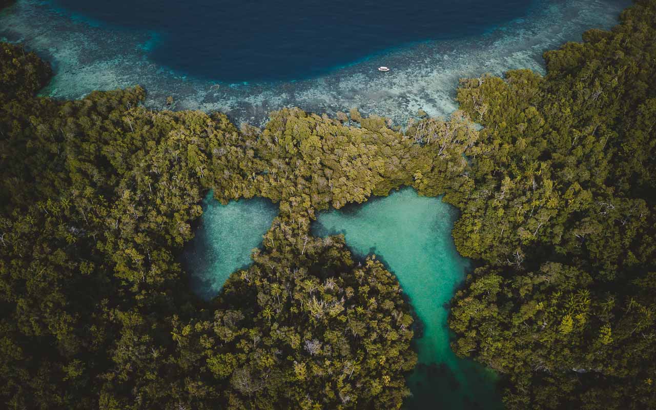 Aerial view of hidden lagoons and reefs in Raja Ampat
