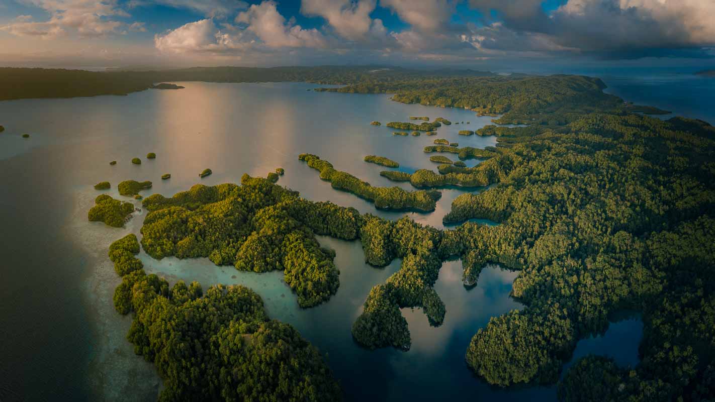 Aerial view of Gam Bay's fissured coastline