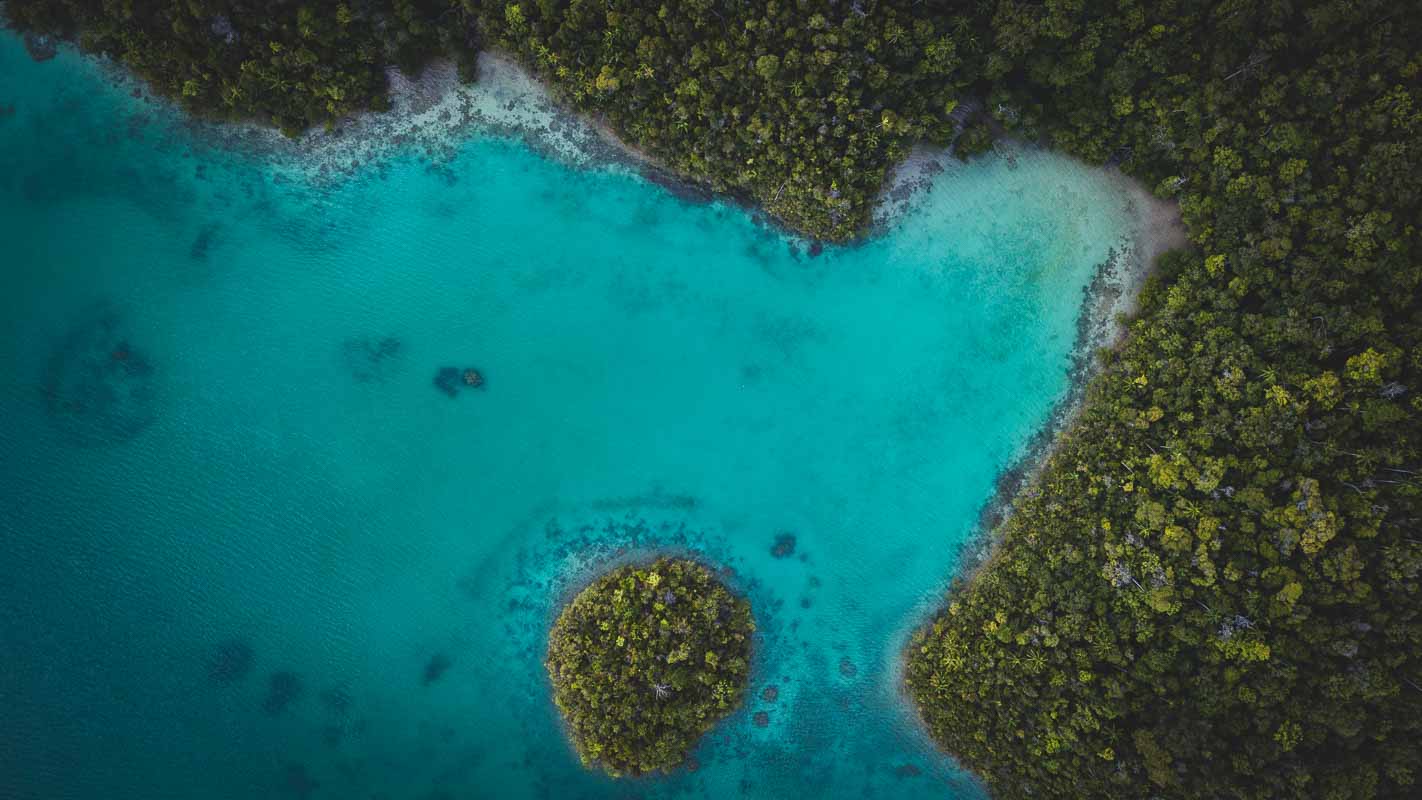 Aerial view of the clear, tropical waters of Raja Ampat
